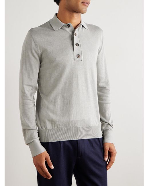 Eleventy Gray Slim-Fit Cotton And Cashmere-Blend Polo Shirt for men