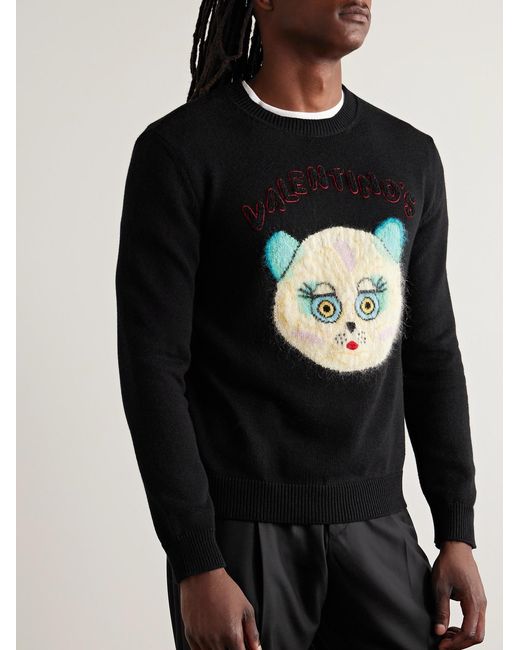 Valentino Garavani Black Logo-Appliquéd Intarsia-Knit Cotton And Virgin Wool-Blend Sweater for men