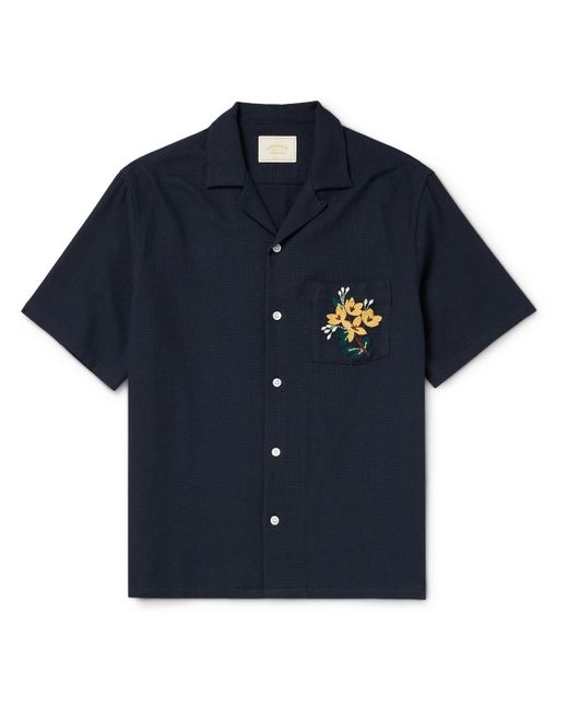 Portuguese Flannel Blue Convertible-collar Embroidered Cotton-piqué Shirt for men