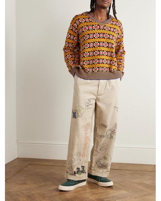 Kapital Natural Ivy Wide-leg Pleated Printed Cotton-corduroy Trousers for men