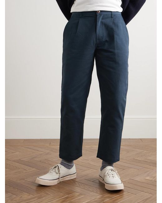 FRIZMWORKS Blue Haworth Tapered Cropped Pleated Cotton-Twill Trousers for men