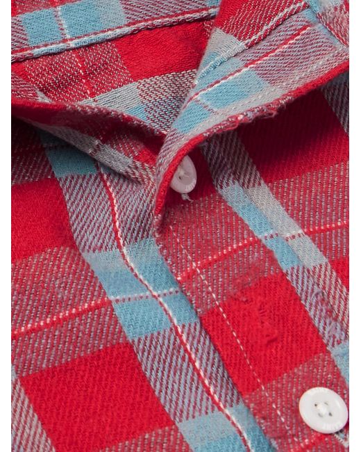 SAINT Mxxxxxx Red Distressed Checked Cotton-Flannel Shirt for men
