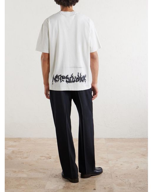 Acne White Logo-Print Distressed Cotton-Blend Jersey T-Shirt for men
