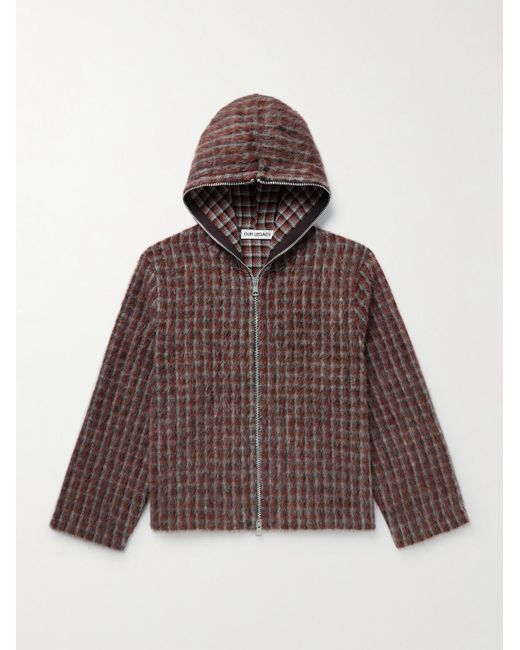 Our Legacy Brown Hooded Checked Brushed-Knit Jacket for men