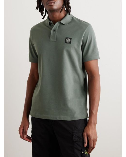 Stone Island Green Logo-appliquéd Cotton-blend Piqué Polo Shirt for men