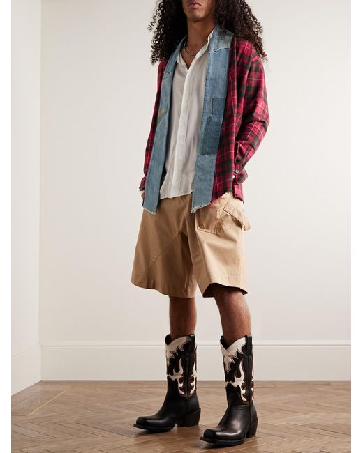 Greg Lauren Red Shawl-Collar Denim-Trimmed Checked Cotton-Flannel Cardigan for men