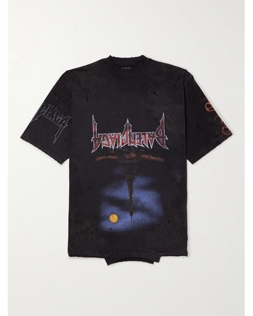 Balenciaga Black Upside Down Distressed Printed Cotton-Jersey T-Shirt for men