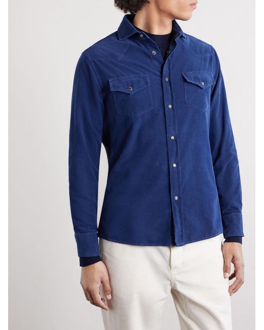 Brunello Cucinelli Blue Cutaway-Collar Cotton-Corduroy Western Shirt for men