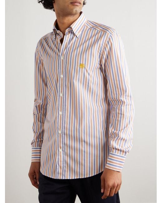 Etro White Roma Slim-Fit Button Down-Collar Striped Linen-Poplin Shirt for men
