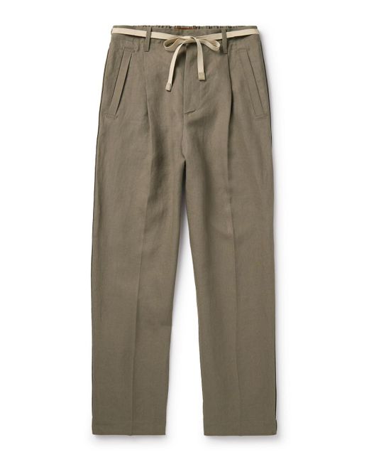 Zegna Green Slim-fit Belted Pleated Slubbed Oasi Lino Trousers for men