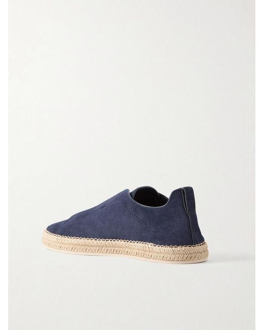 Zegna Blue Triple Stitch Leather-Trimmed Suede Slip-On Sneakers for men