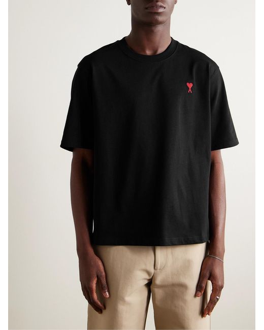 AMI Black Logo-Embroidered Organic Cotton-Jersey T-Shirt for men
