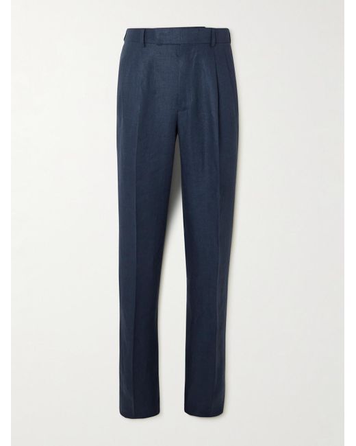 Kingsman Blue Straight-leg Pleated Linen-twill Trousers for men