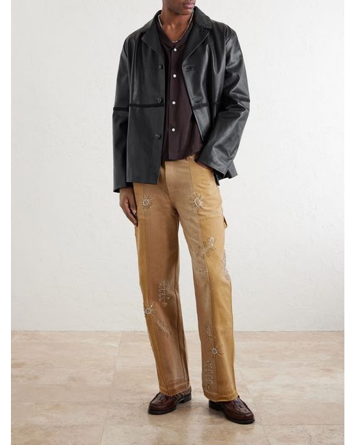 Kartik Research Black Embroidered Leather Jacket for men