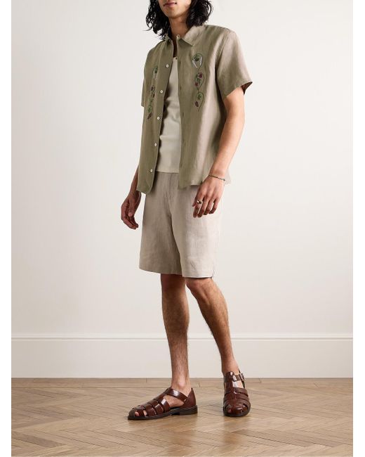 De Bonne Facture Natural Convertible-collar Embroidered Linen Shirt for men