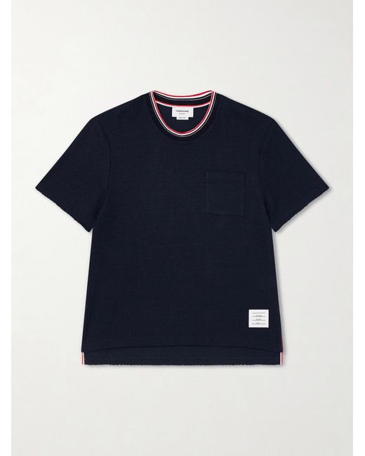 Thom Browne Blue Pointelle-Knit Cotton And Linen-Blend T-Shirt for men