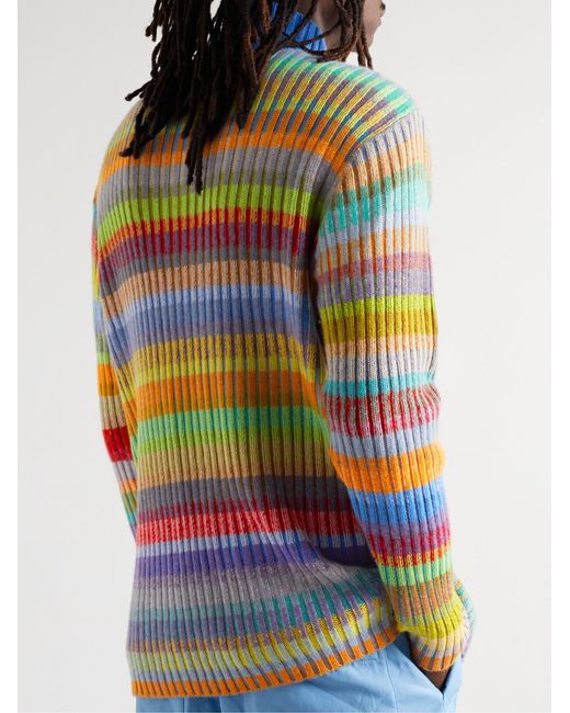 The Elder Statesman Gray Jolly Ribbed Striped Cashmere Half-Zip Sweater for men