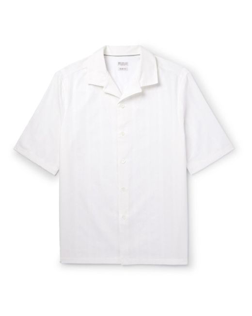 Brunello Cucinelli White Camp-collar Striped Textured-cotton Shirt for men