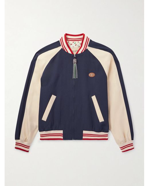 Valentino Garavani Blue Le Chat De La Maison Logo-Appliquéd Two-Tone Virgin Wool And Cotton-Blend Twill Bomber Jacket for men