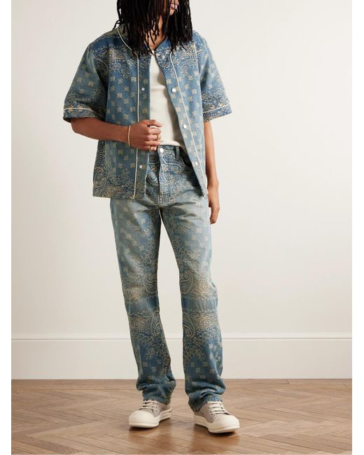 Amiri Blue Straight-leg Distressed Bandana-jacquard Jeans for men