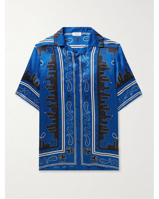 Camicia in twill di raso stampato con colletto aperto di Off-White c/o Virgil Abloh in Blue da Uomo