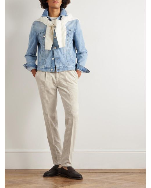 Brunello Cucinelli White Straight-Leg Pleated Cotton-Corduroy Trousers for men