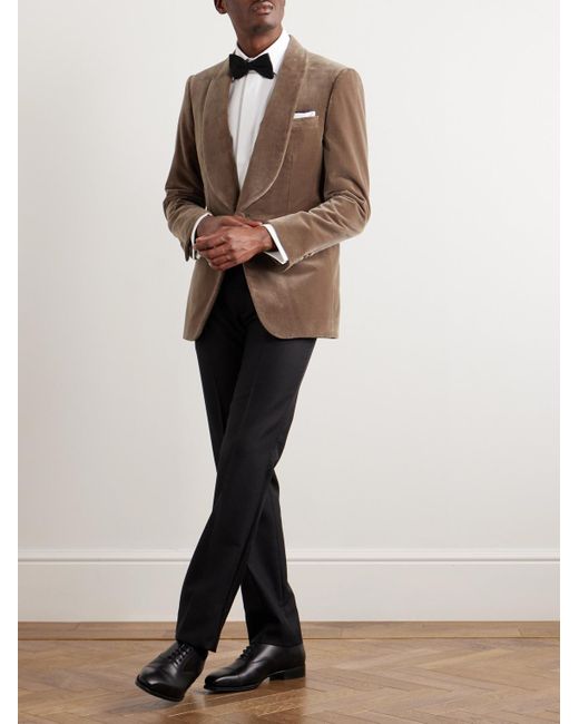 Kingsman Brown Slim-fit Shawl-collar Cotton-velvet Tuxedo Jacket for men