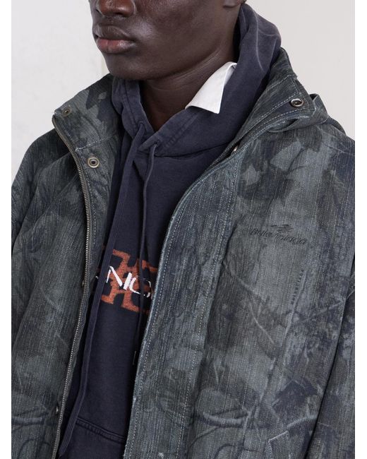 Balenciaga Blue Logo-Embroidered Distressed Printed Denim Hooded Jacket for men