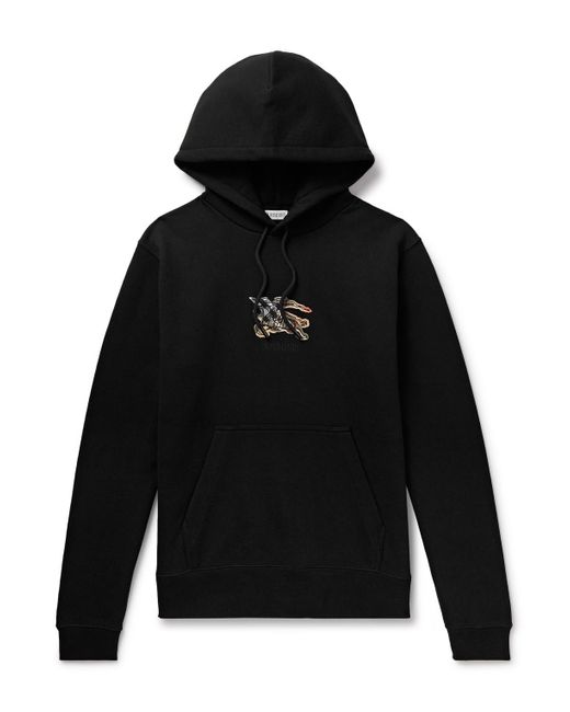 Burberry Black Logo-embroidered Appliquéd Cotton-jersey Hoodie for men