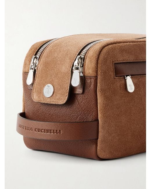 Brunello Cucinelli Brown Leather-trimmed Suede Wash Bag for men