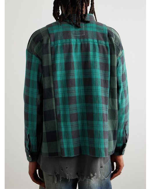 READYMADE Green Button-Down Collar Patchwork Checked Cotton-Flannel Shirt for men