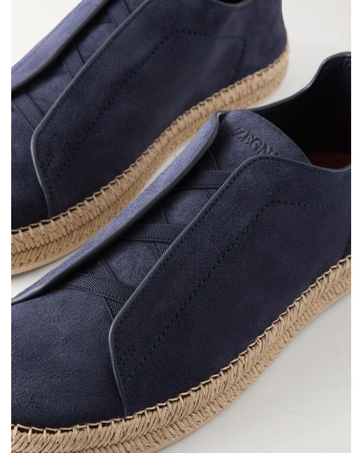 Zegna Blue Triple Stitch Leather-Trimmed Suede Slip-On Sneakers for men