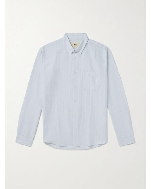 Folk Blue Button-Down Collar Striped Cotton And Linen-Blend Shirt for men