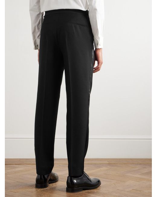 Brunello Cucinelli Black Tapered Pleated Satin-Trimmed Silk, Wool And Mohair-Blend Trousers for men