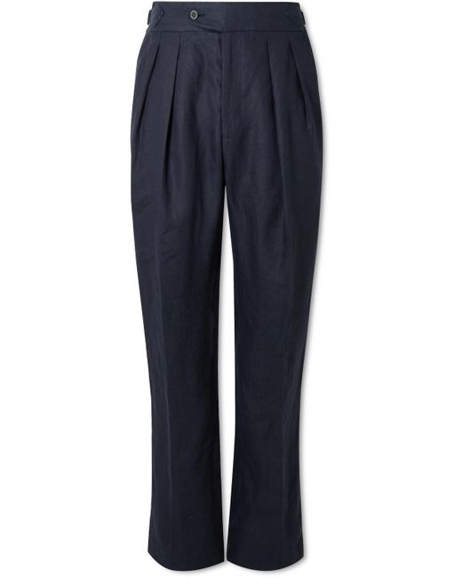 Richard James Blue Tapered Pleated Linen Suit Trousers for men