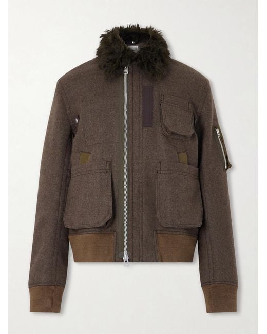 Sacai Brown Melton Plush-Trimmed Wool Blouson Jacket for men