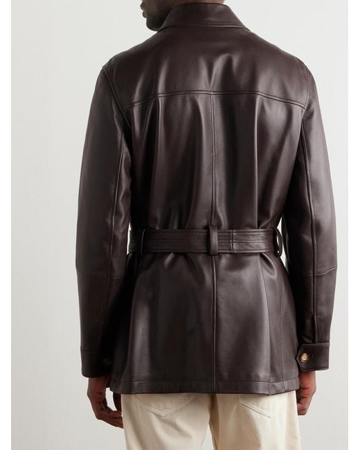 Brunello Cucinelli Black Belted Full-Grain Leather Jacket for men