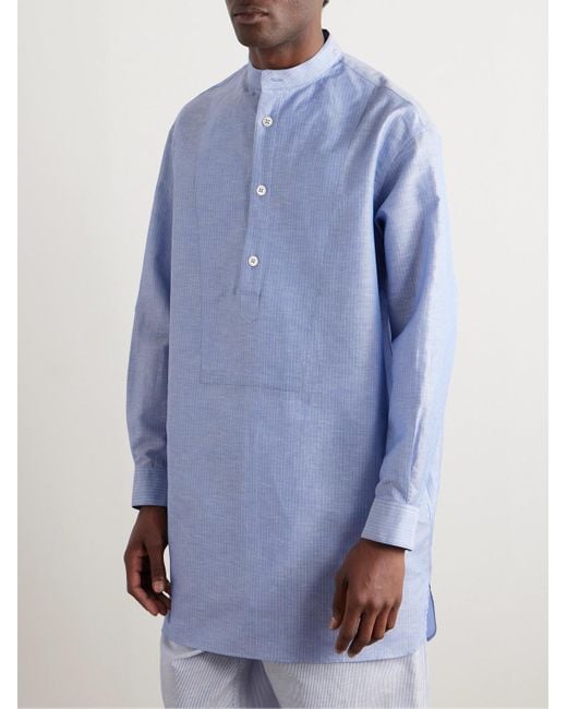 Camicia in misto lino e cotone a righe con collo alla coreana Suwako di Loro Piana in Blue da Uomo