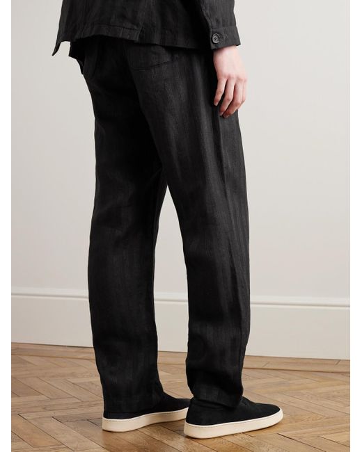 Oliver Spencer Black Straight-leg Belted Pleated Embroidered Linen Trousers for men