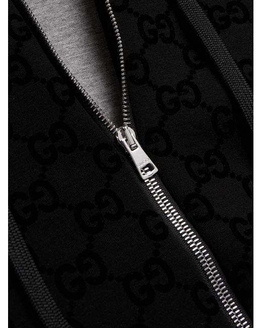 Gucci Black Logo-Flocked Jersey Zip-Up Hoodie for men