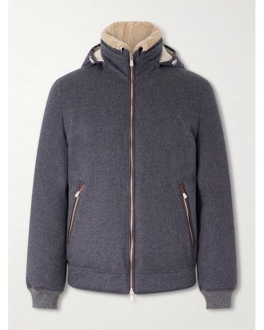 Brunello Cucinelli Blue Shearling-Trimmed Wool Hooded Down Jacket for men