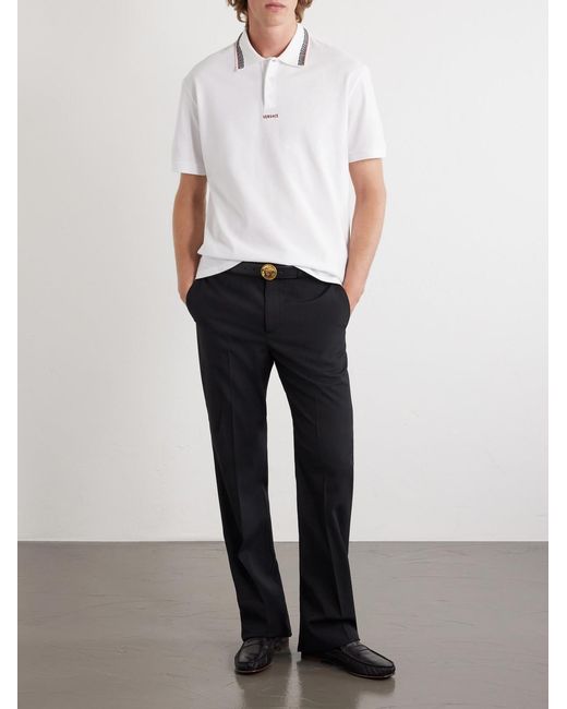 Versace White Logo-embroidered Cotton-piqué Polo Shirt for men
