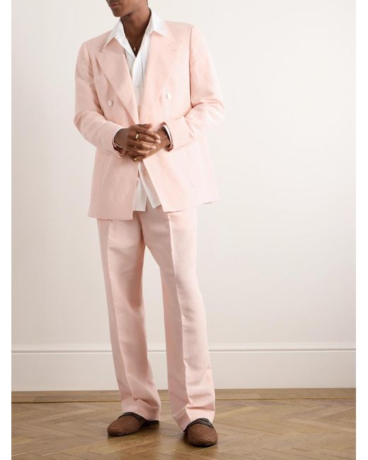Umit Benan Pink Wide-leg Pleated Linen Suit Trousers for men