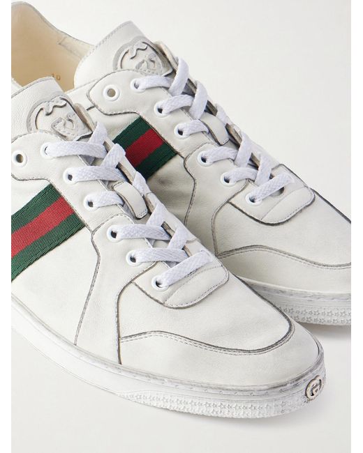 Gucci White Distressed Webbing-Trimmed Leather Sneakers for men