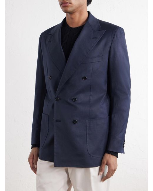 Kiton Blue Double-Breasted Cotton-Twill Blazer for men