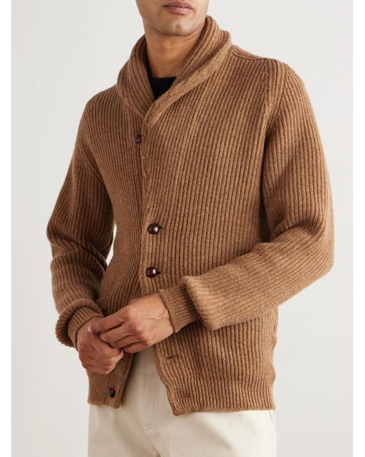 Drake's Brown Slim-fit Shawl-collar Ribbed Wool Cardigan for men