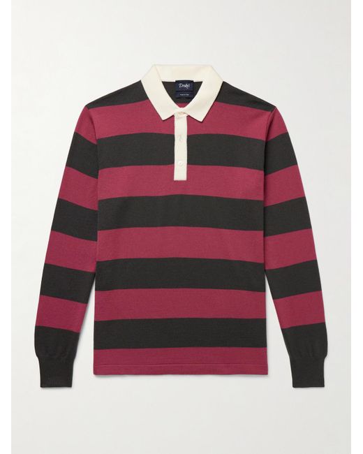 Drake's Red Striped Merino Wool Polo Shirt for men