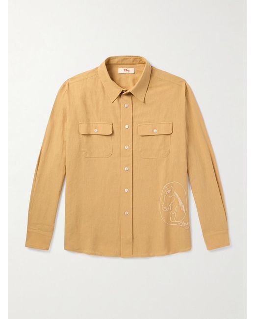 CHERRY LA Natural Button-Down Collar Embroidered Cotton And Linen-Blend Shirt for men