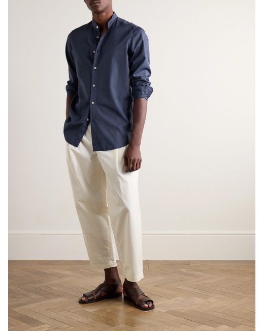 Boglioli Blue Slim-fit Grandad-collar Cotton-poplin Shirt for men