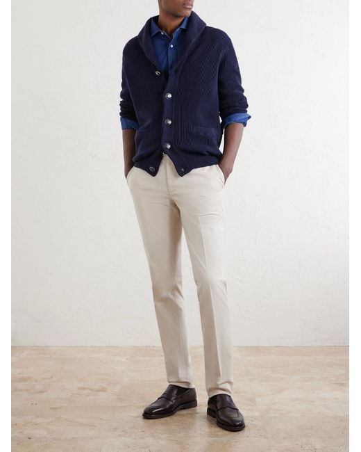 Brunello Cucinelli Blue Shawl-Collar Ribbed Cotton Cardigan for men